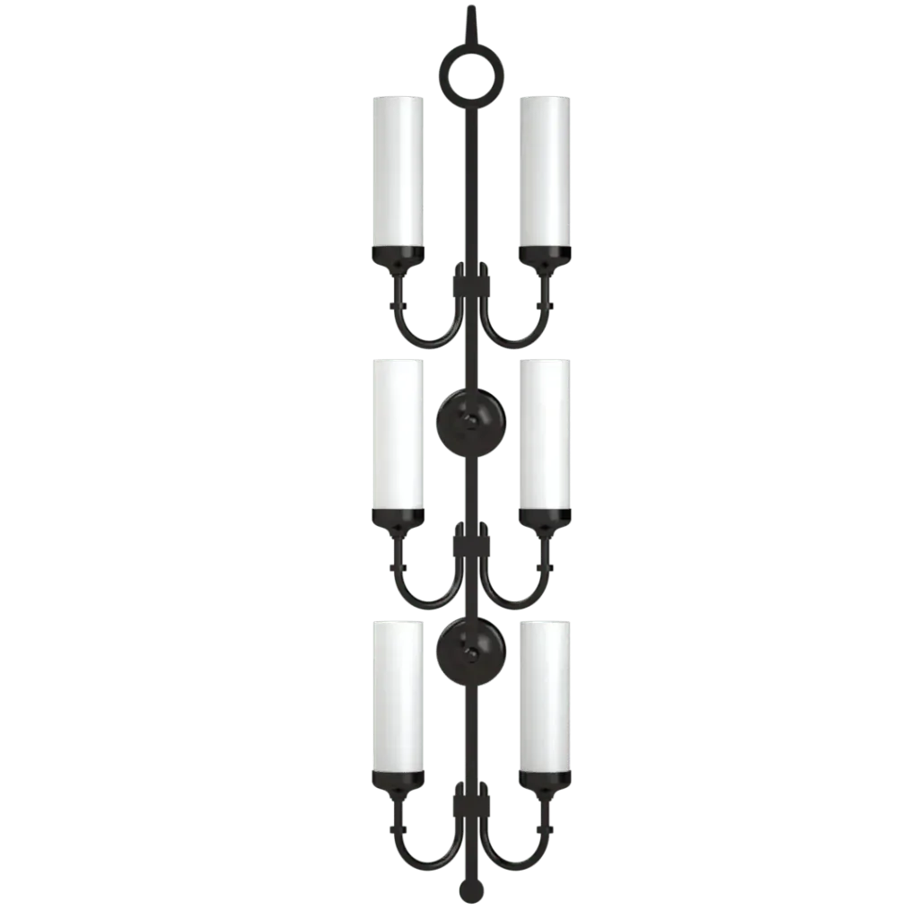 Pinnacle Delux sconce six-light wall fixture with white cylindrical shades and dark metal frame for indoor use