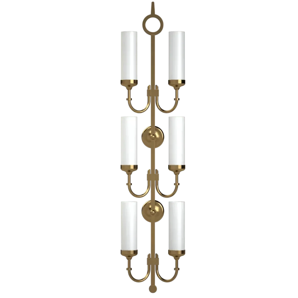 Pinnacle delux sconce vertical brass wall light with six white cylindrical glass shades arranged in three pairs