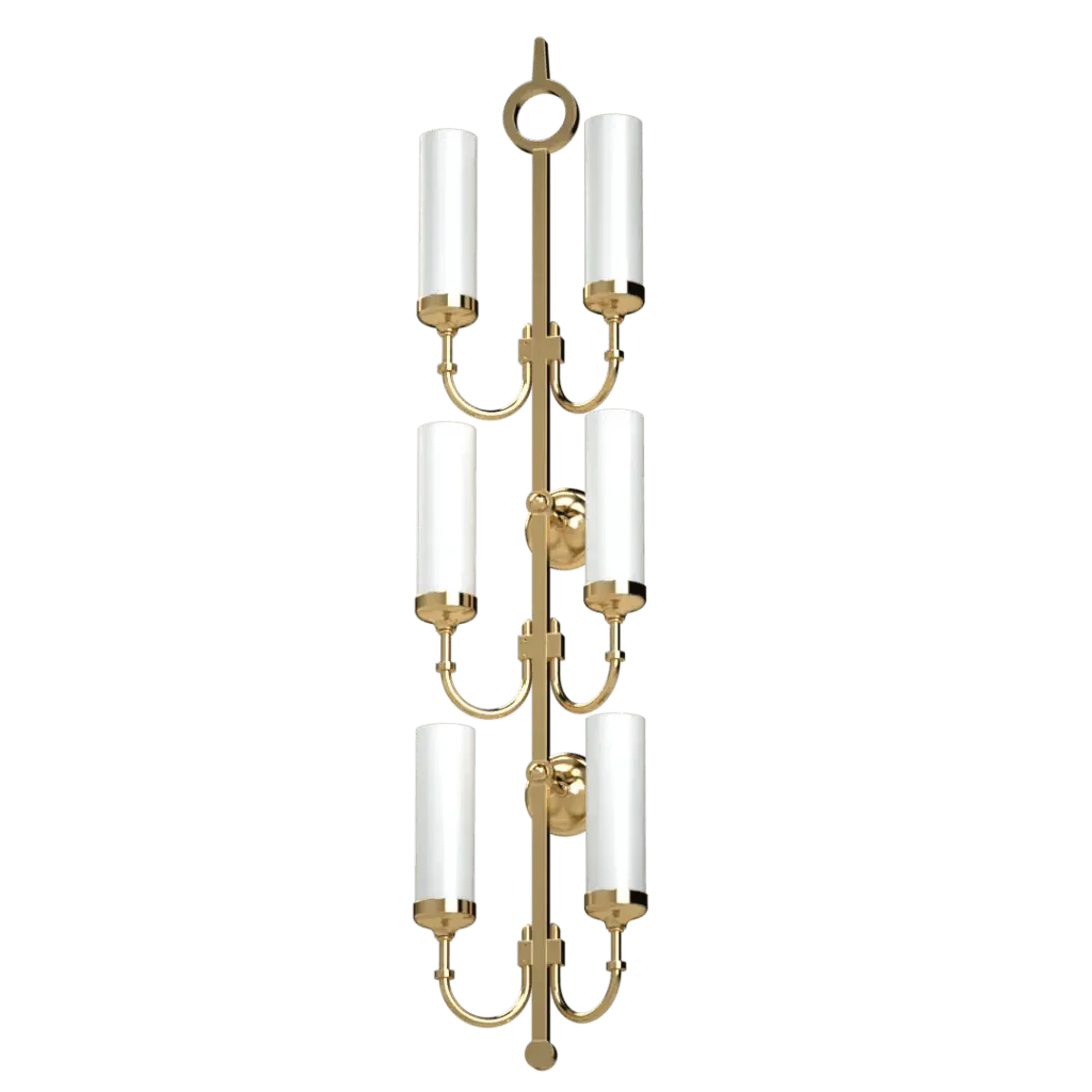 Pinnacle Delux sconce vertical six-light brass fixture with white cylindrical shades for elegant indoor lighting