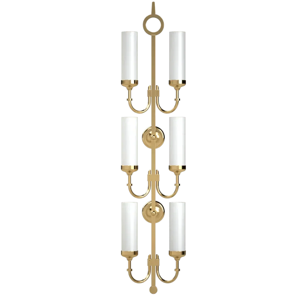 A gold-finished Pinnacle Delux sconce with six white cylindrical glass shades for elegant wall lighting