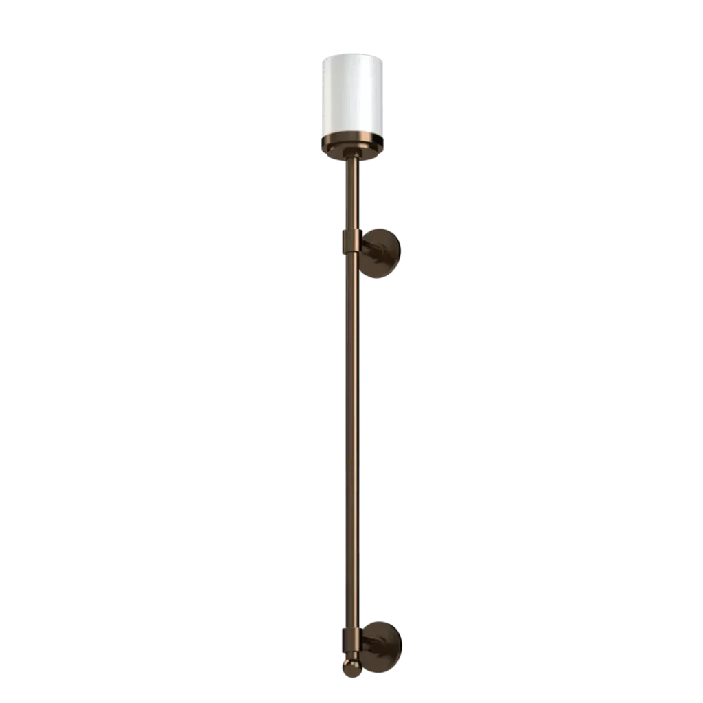 Bronze pinnacle torchiere sconce with an opaque cylindrical glass shade for vertical wall lighting
