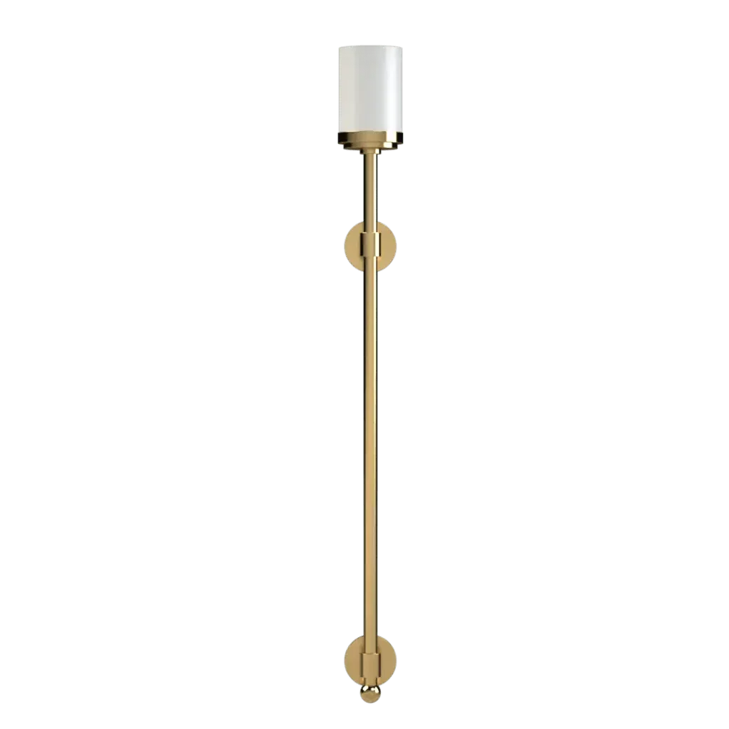 Pinnacle torchiere sconce with a long slender brass finish and frosted cylindrical glass shade wall mounting