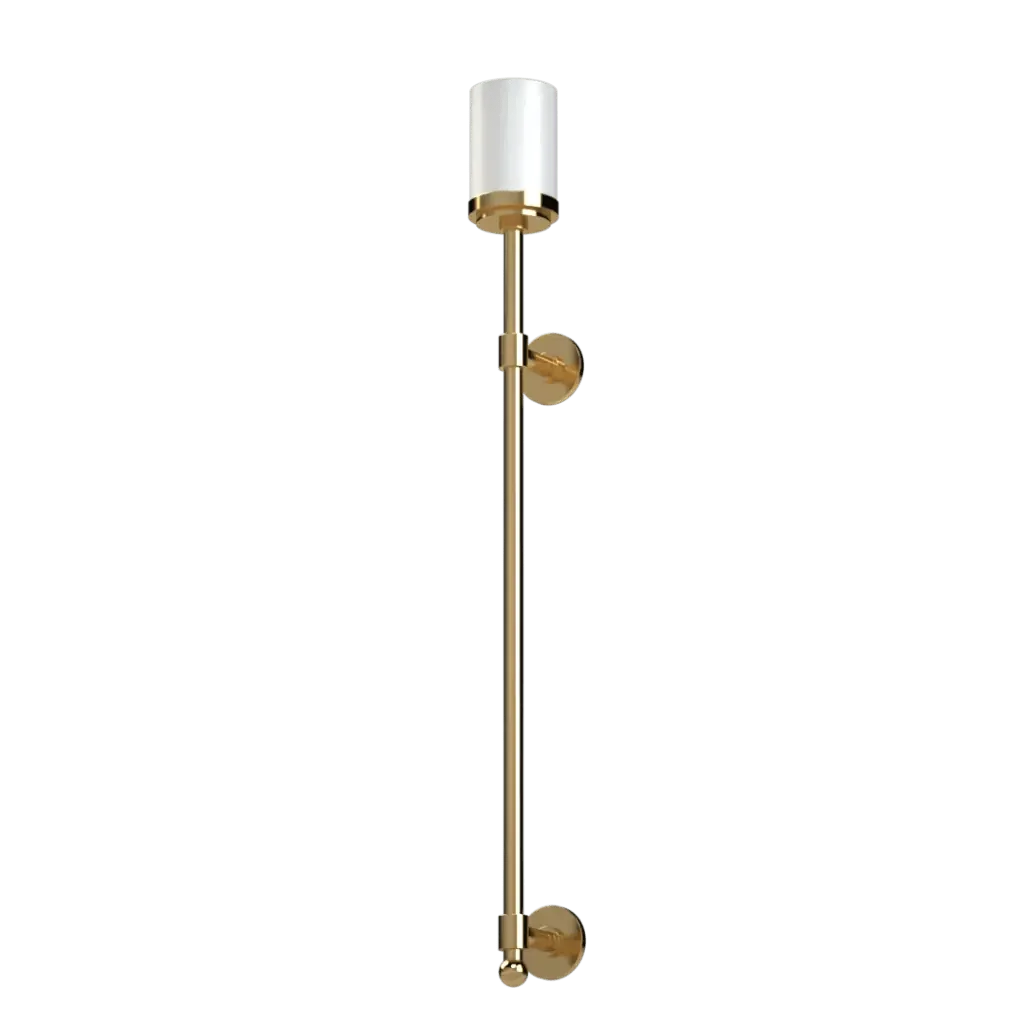 A long gold finished pinnacle torchiere sconce with a cylindrical white glass shade mounted on the wall