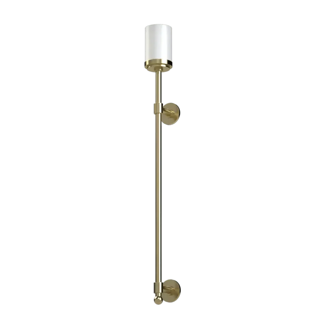 A polished brass pinnacle torchiere sconce with a cylindrical white glass shade wall mounted for ambient lighting