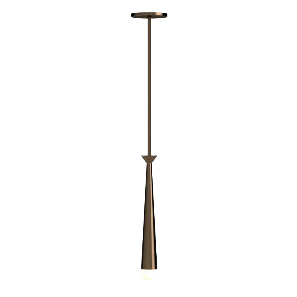 Plinth Pendant - polished brass finish, front view with light on