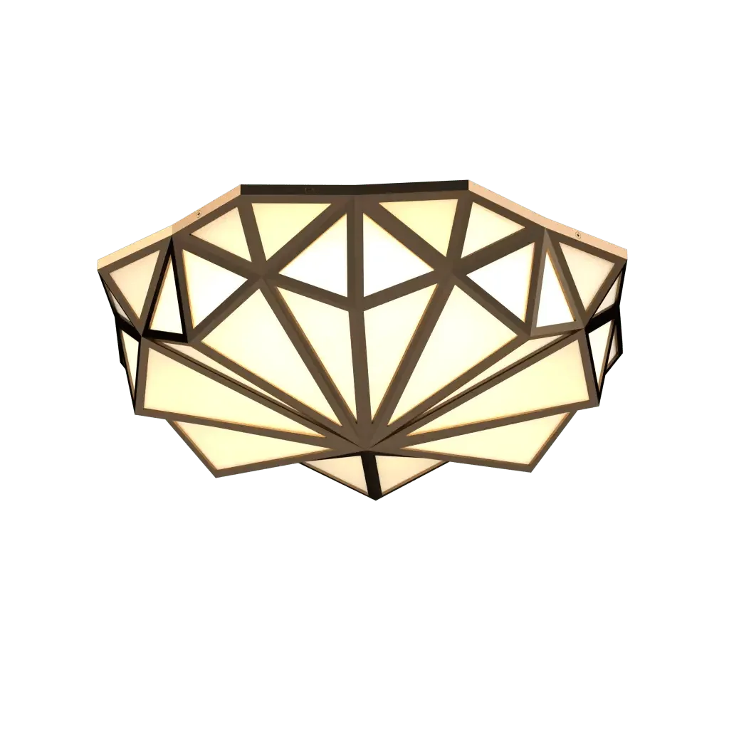 Prism flush mount ceiling light with a geometric brown frame and off-white translucent panels for indoor use