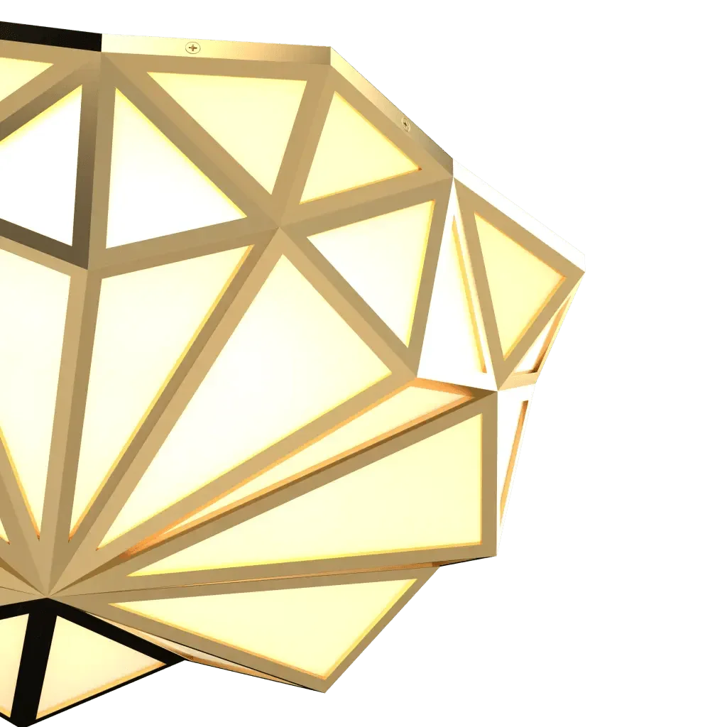 Prism flush mount geometric ceiling light fixture in gold and white with a modern design and metal construction