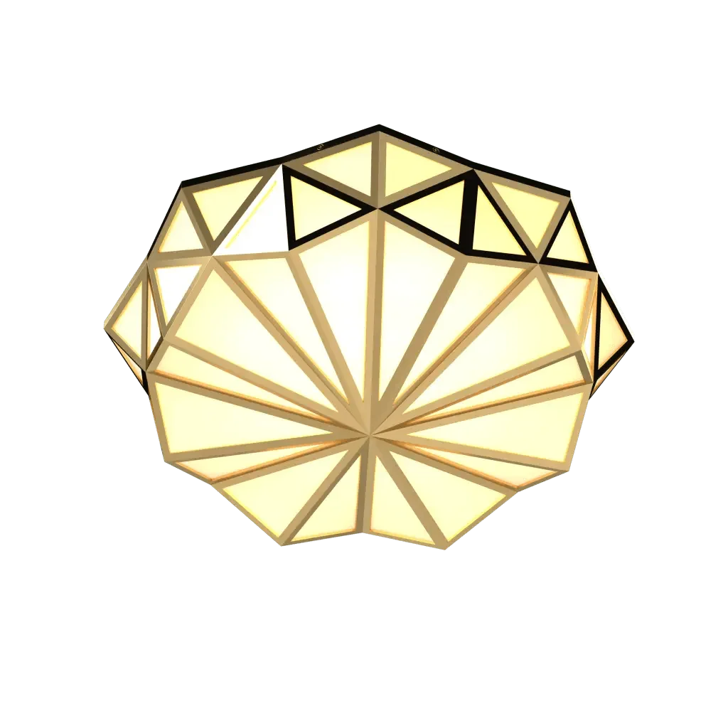 Prism flush mount golden multifaceted geometric ceiling light fixture with metallic finish for modern interiors