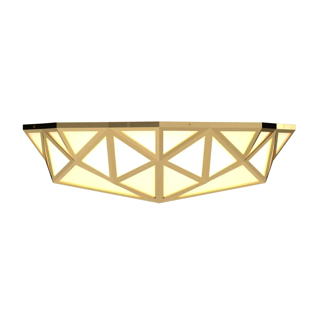 Prism flush mount modern geometric ceiling light fixture with golden frame and illuminated triangular panels
