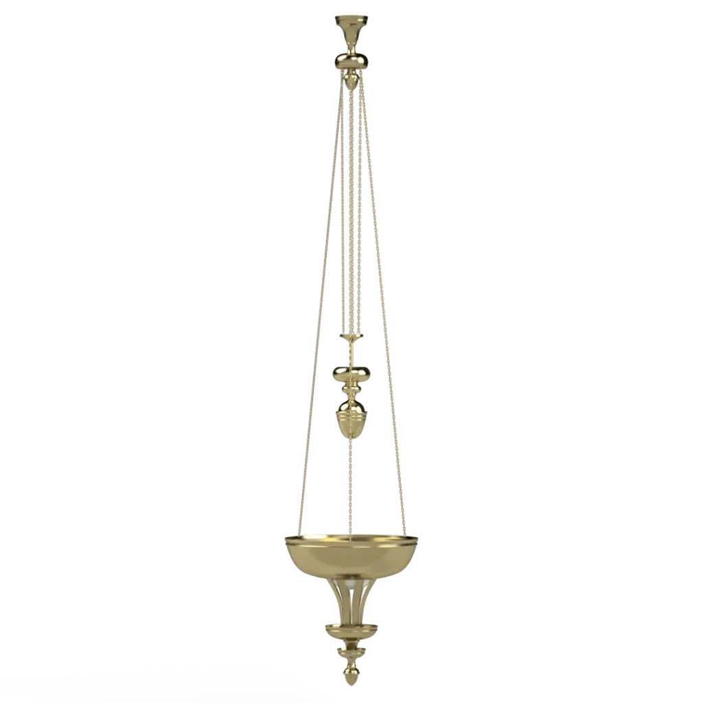 Providence Pendant - polished brass finish, side profile showing chain and machined counterweight system