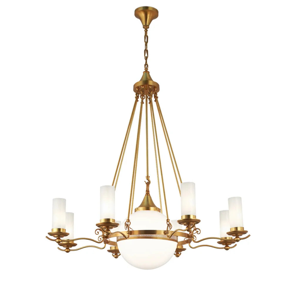 Gold-toned chandelier with six frosted glass candle-style bulbs and a central spherical diffuser.