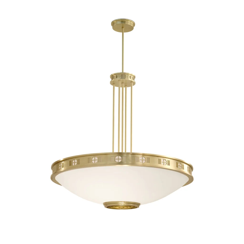 Brass pendant light with frosted glass shade and decorative band.
