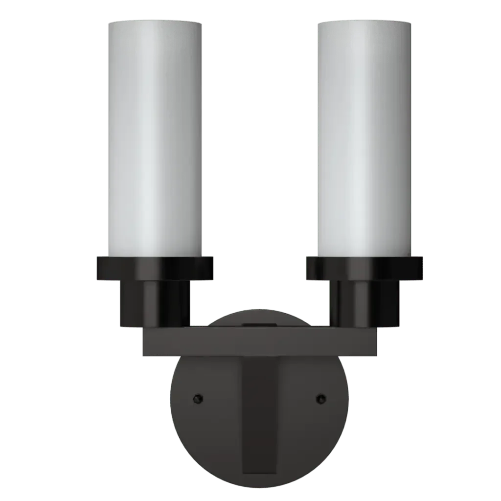 Black two-light satin sconce with frosted cylindrical shades designed for elegant wall lighting