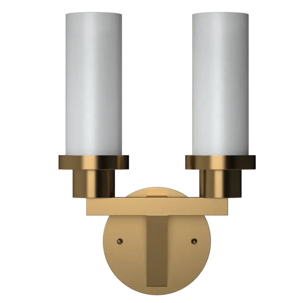 Satin sconce two-light brass wall sconce with cylindrical white glass shades for elegant indoor lighting