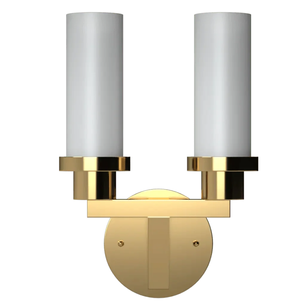 Satin sconce two-light brass wall sconce with cylindrical white glass shades for indoor lighting