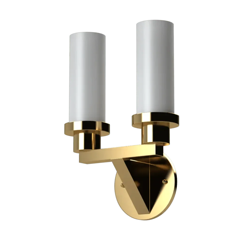 Satin sconce two-light wall sconce with a gold finish and white cylindrical shades for indoor lighting