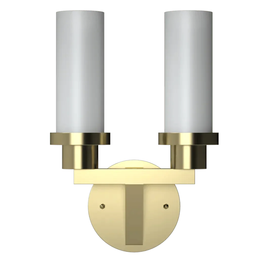 Satin sconce gold finished two-light wall sconce with cylindrical white glass shades for interior lighting