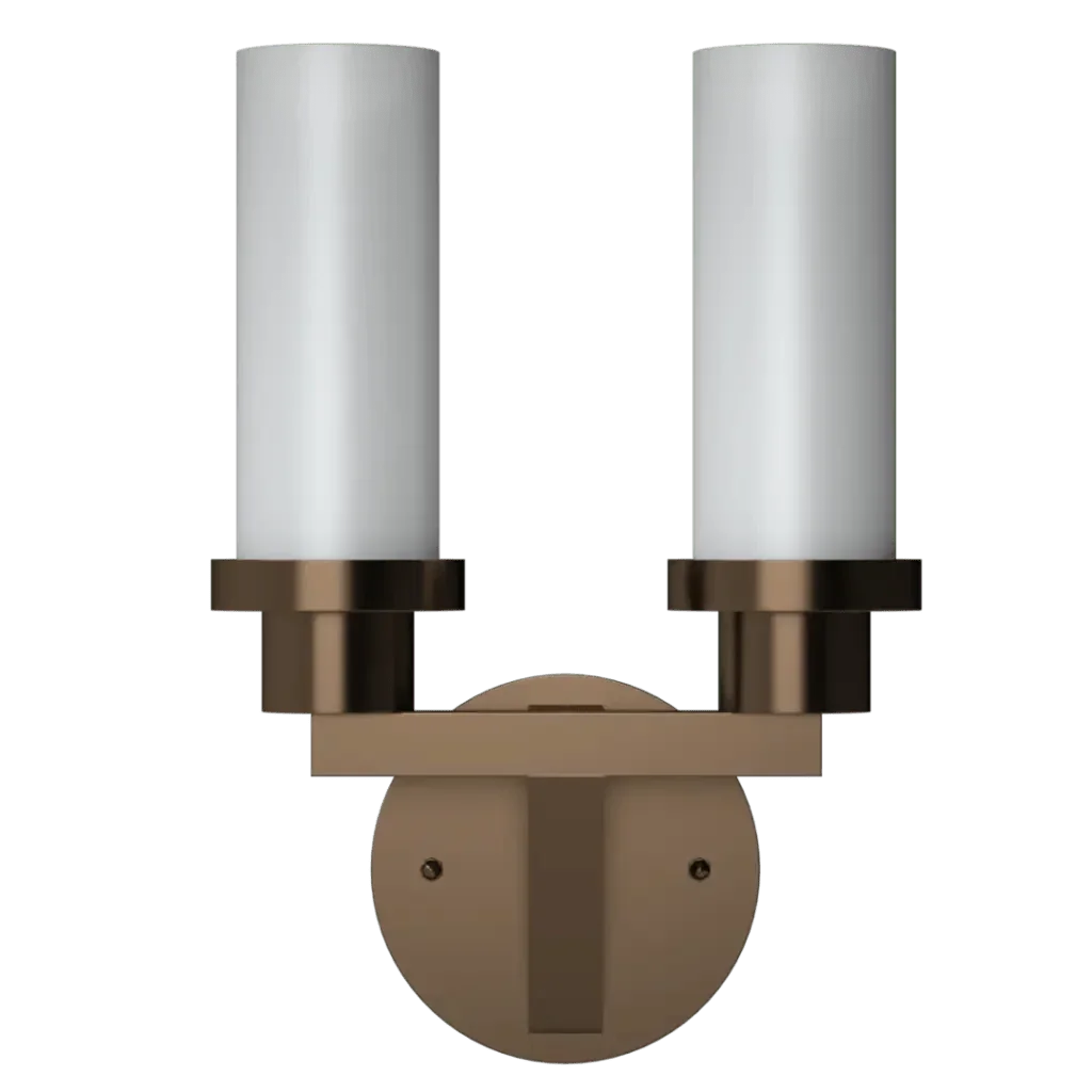 Two-light satin sconce with cylindrical white glass shades and bronze finish wall lighting fixture