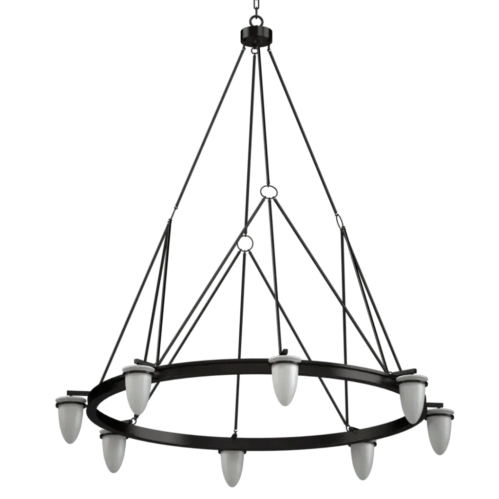 Signet chandelier features a black metal frame with nine downward-facing white teardrop-shaped lights
