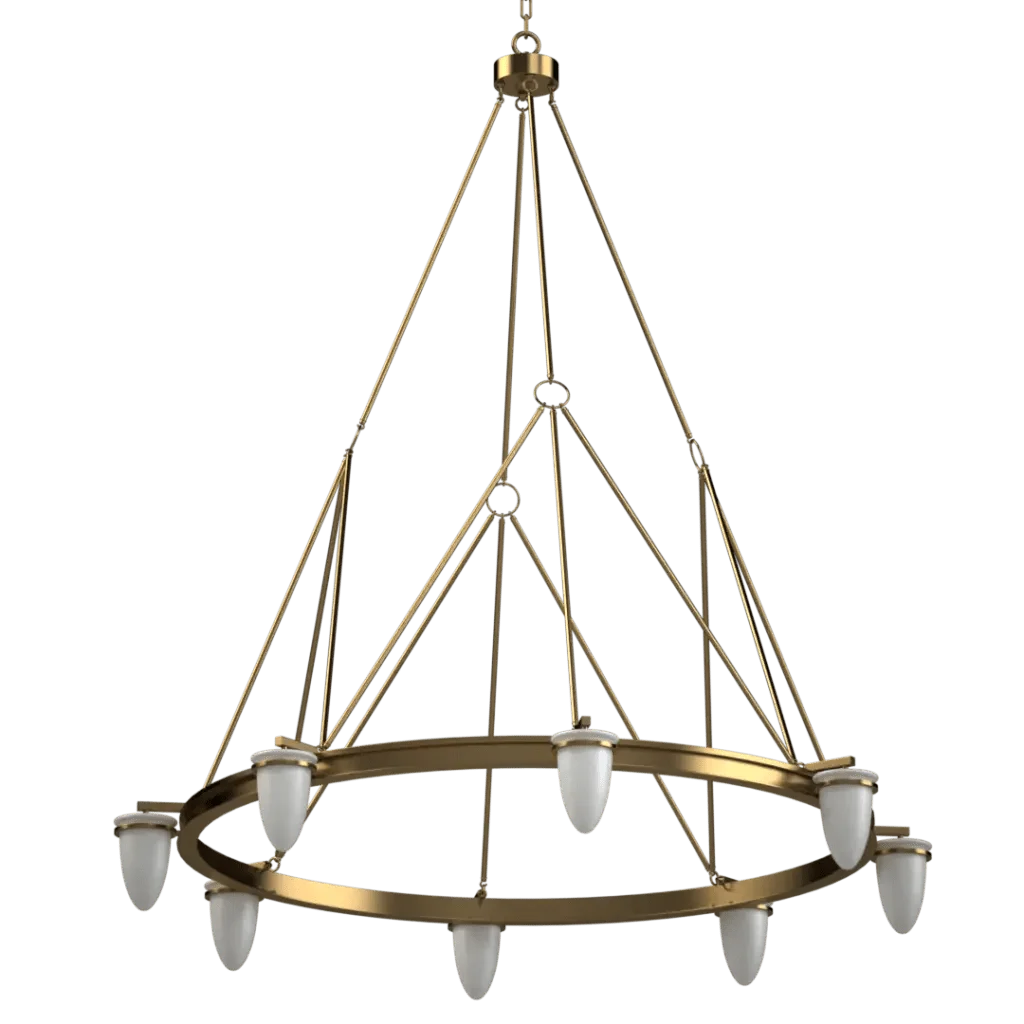 Signet chandelier brass with ten white downward pointing conical light shades for elegant indoor lighting