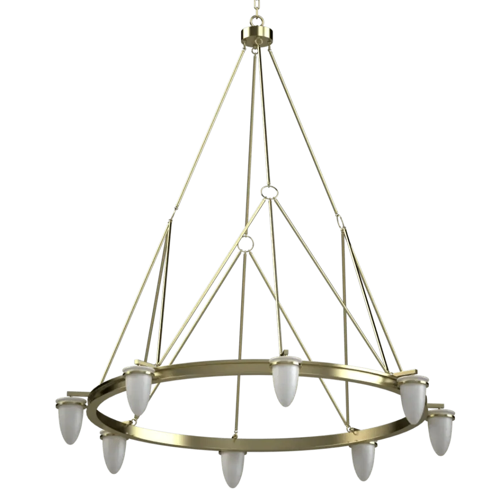 Brass signet chandelier featuring ten ovular glass shades ideal for elegant indoor lighting