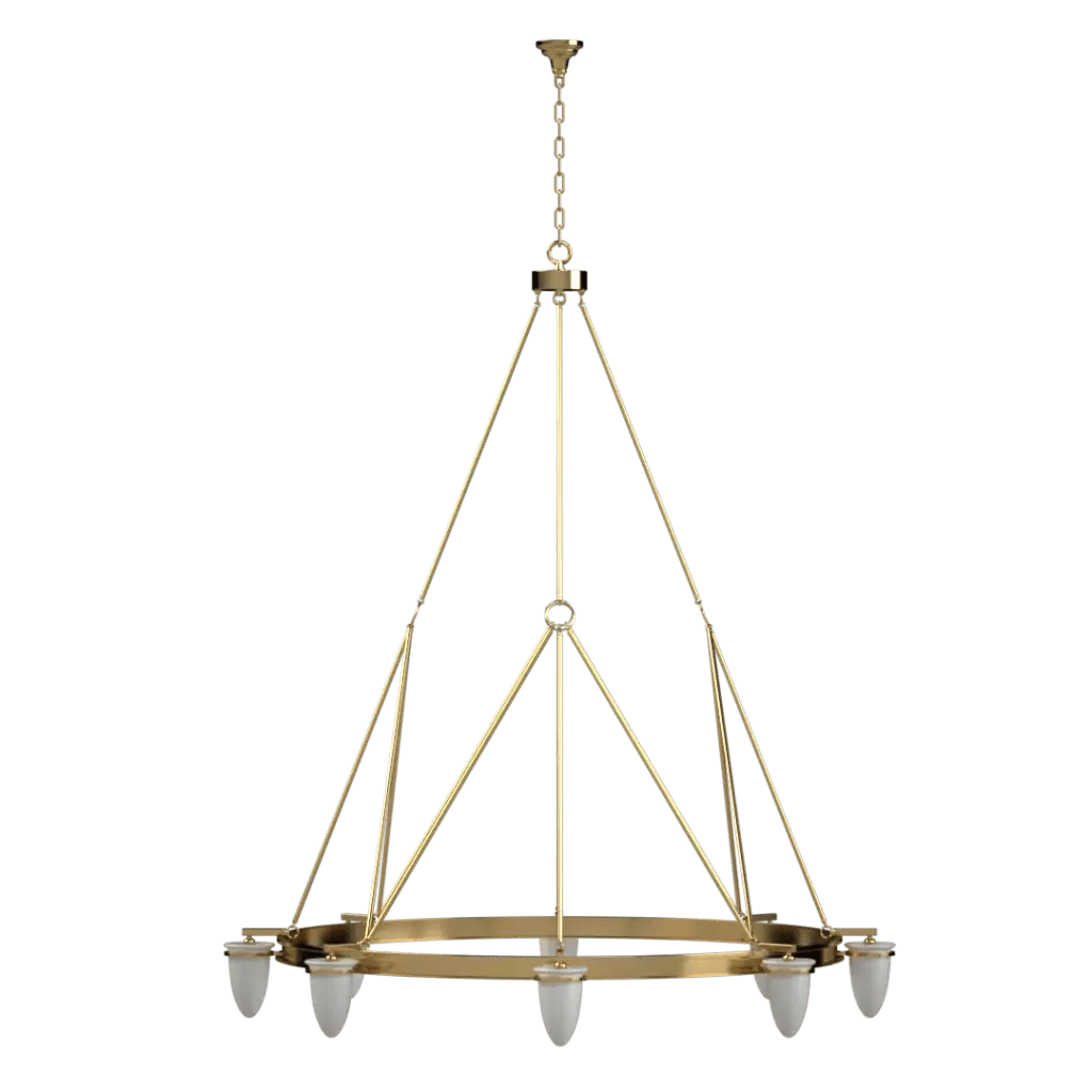 Signet chandelier brass chandelier with a triangular frame and six downward-facing frosted glass shades