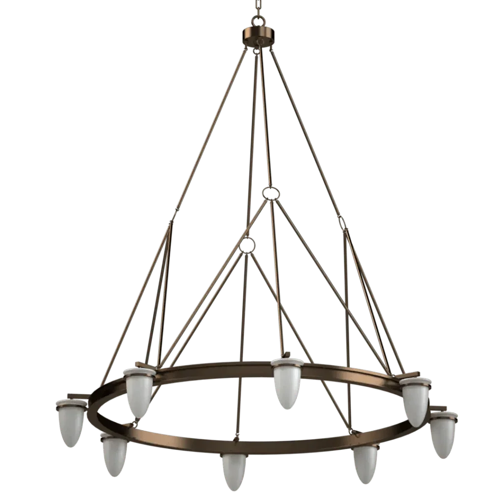 Signet chandelier with a bronze finish and ten white bell-shaped glass shades for elegant indoor lighting
