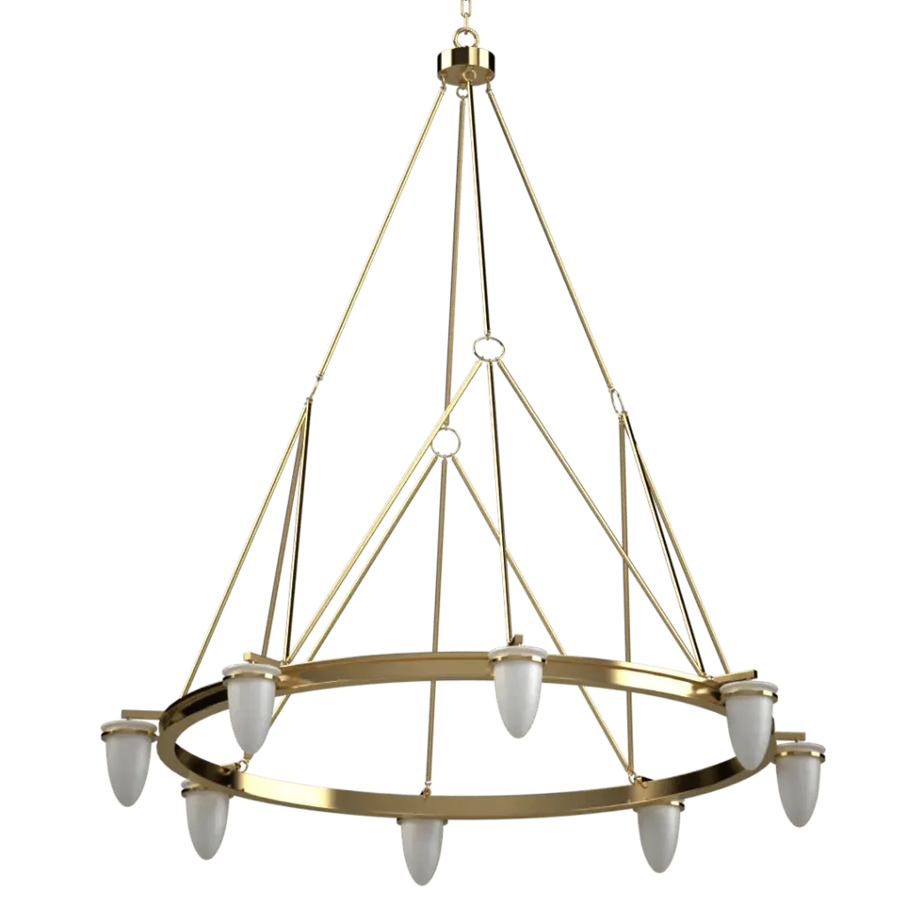 Gold signet chandelier with eight white glass shades featuring an elegant design for indoor lighting