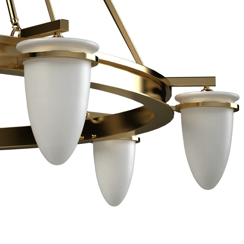 Signet chandelier is a modern gold fixture featuring three frosted glass teardrop-shaped lights for elegant indoor lighting