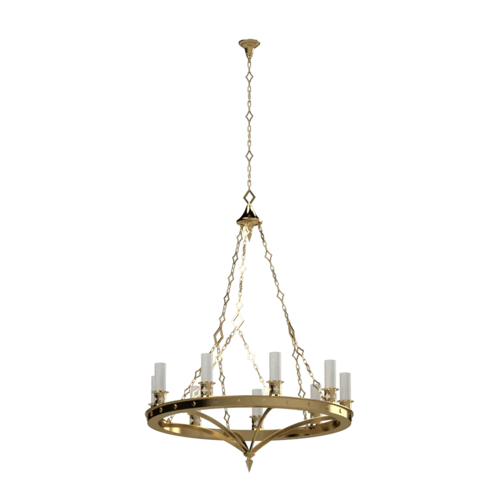 Gold Skellig chandelier featuring twelve candle-style lights with an elegant metallic finish for interior lighting