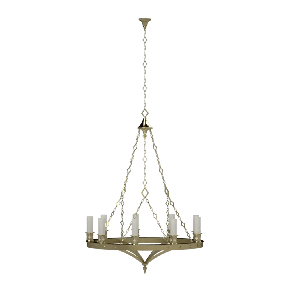 Ornate antique gold Skellig chandelier with eight candle-style lights made of metal for elegant interior lighting