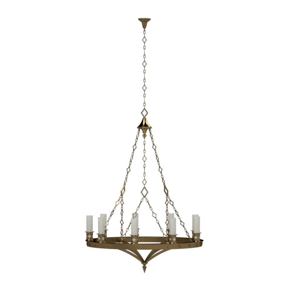 Skellig chandelier gold-toned antique style with eight candle-like lights for elegant interior lighting