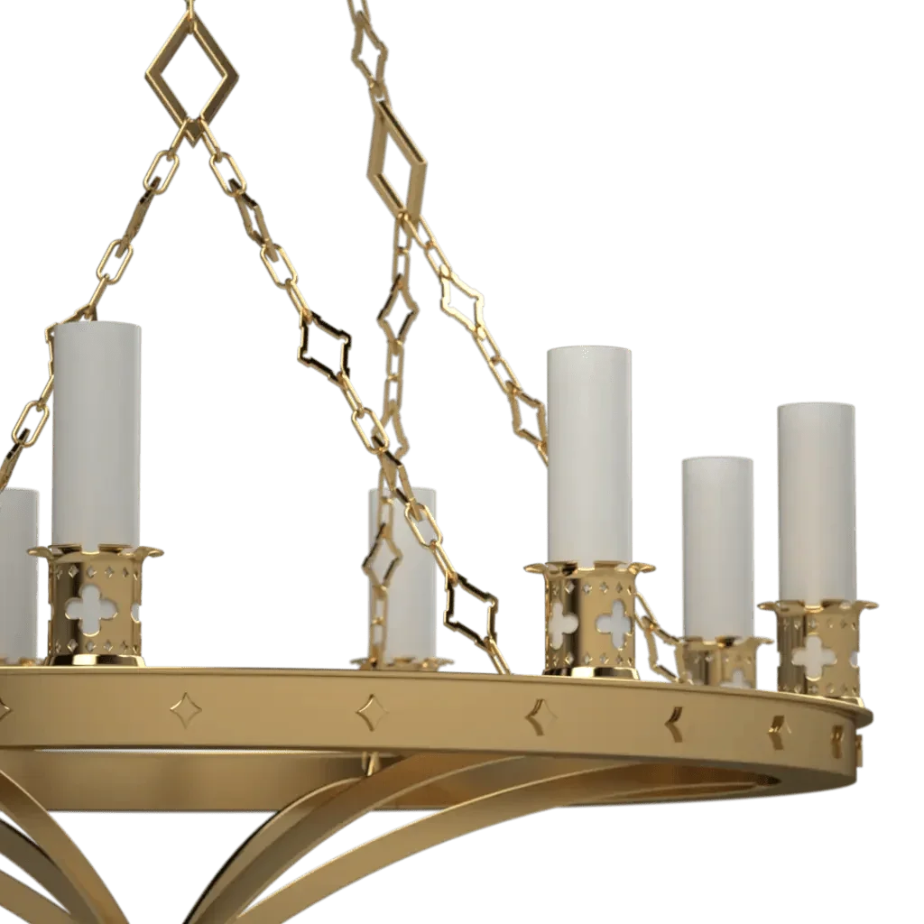 Skellig chandelier gold metal with white candle shaped lights elegant lighting fixture for dining or living rooms