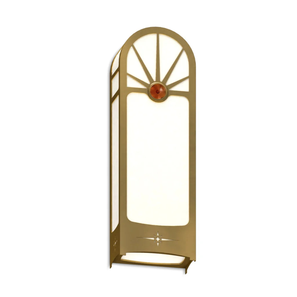 Gold-toned arched wall sconce with a sunburst design and an amber accent bead.