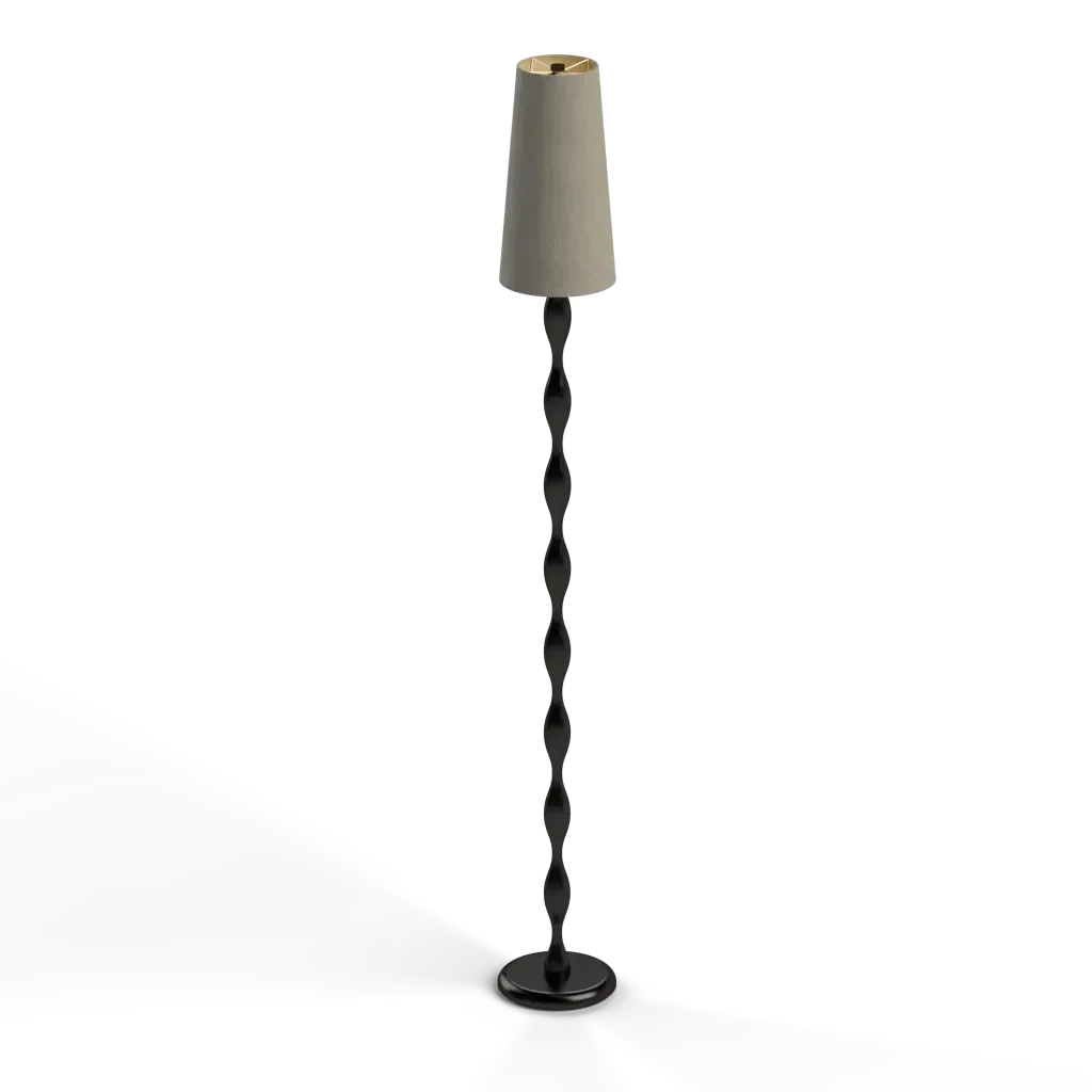 Beige ceiling fan pull chain attached to spindle floor lamp showing key control feature at the back side
