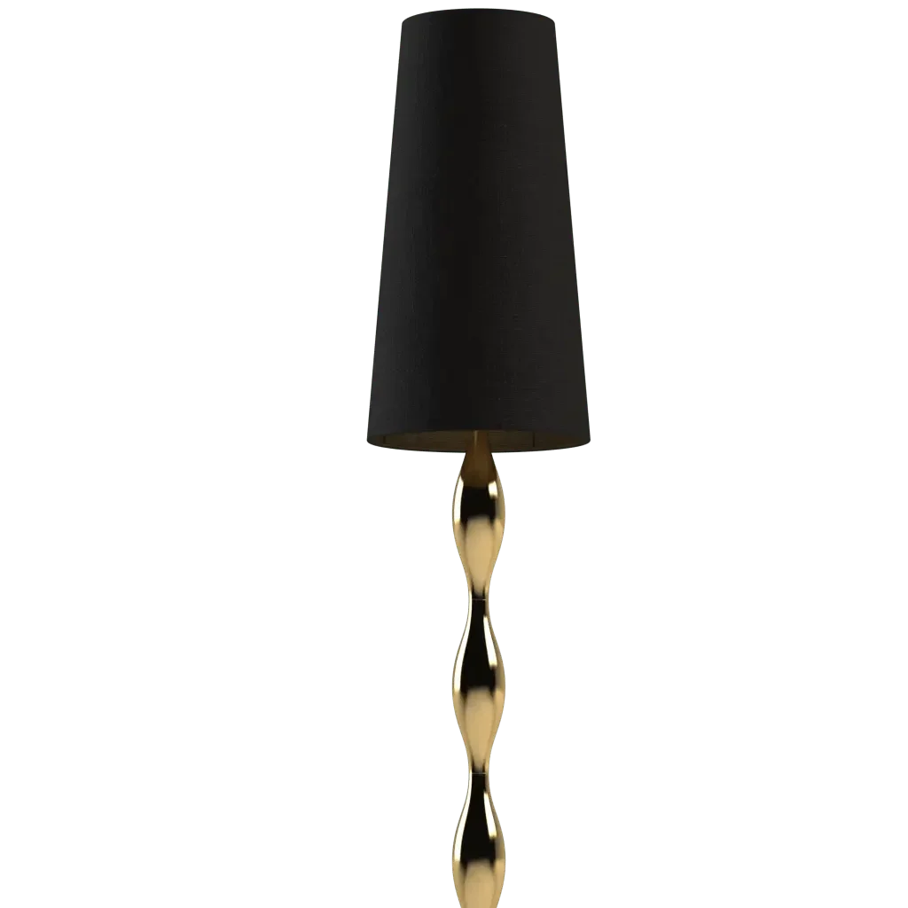 Spindle floor lamp with a black shade and gold twisted metal stem for elegant living room lighting