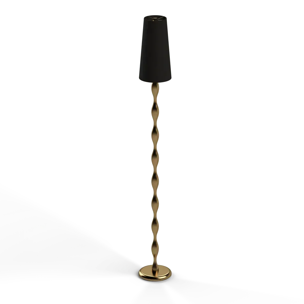 Spindle floor lamp featuring a black shade and a gold spiraled metal stand for stylish indoor lighting