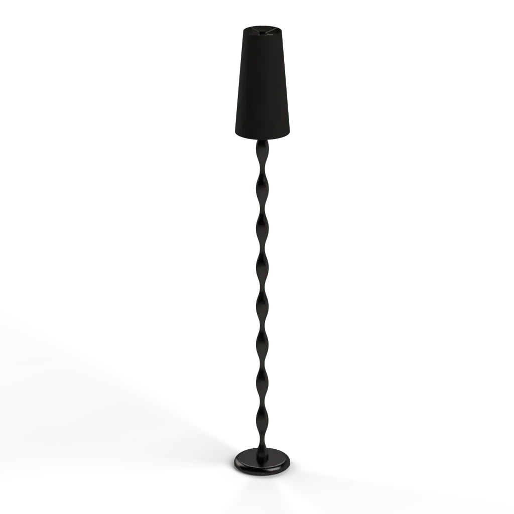 Black spindle floor lamp shown from the back side with a retractable belt stanchion for room organization