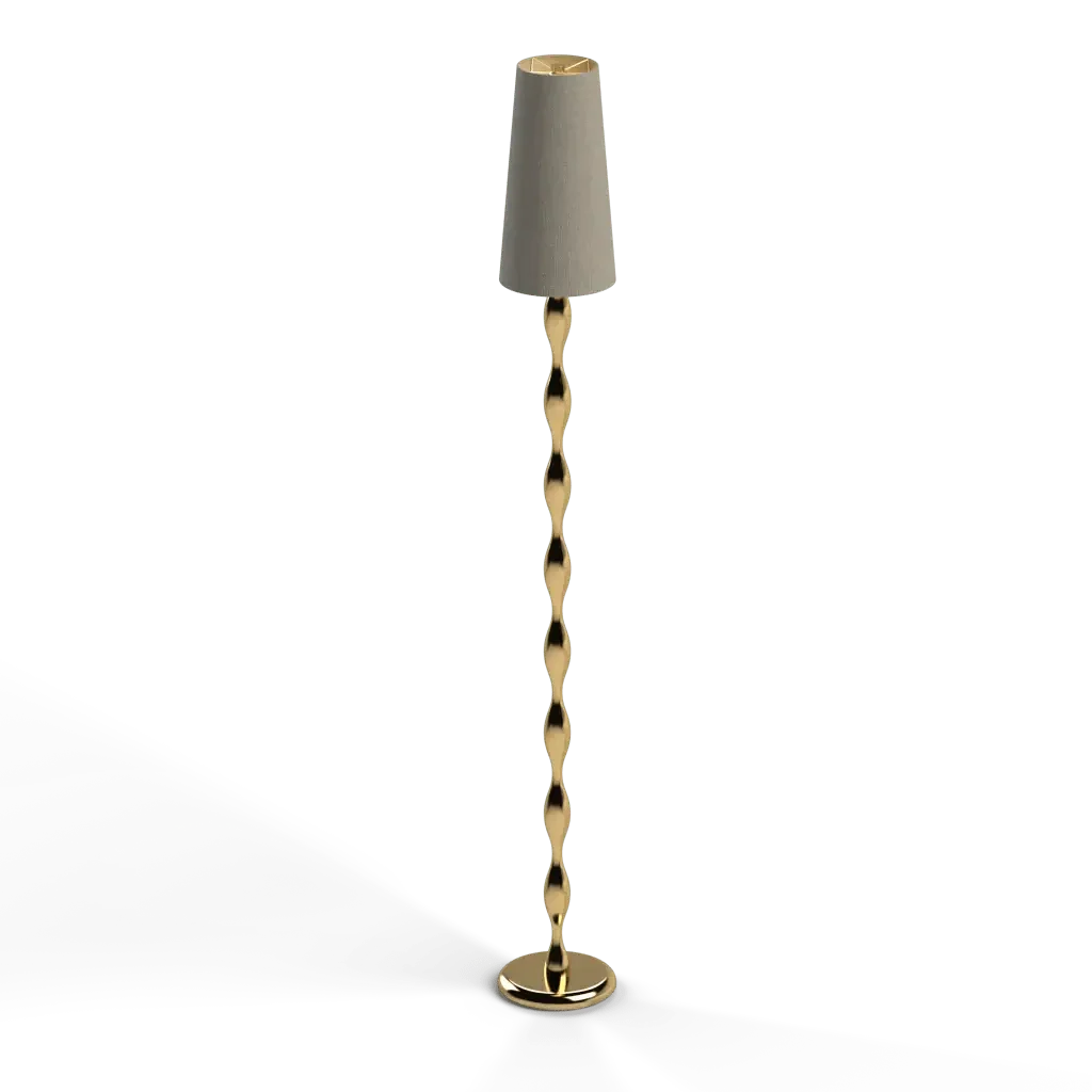 Spindle floor lamp with a conical beige shade and gold-colored twisted column base for elegant lighting