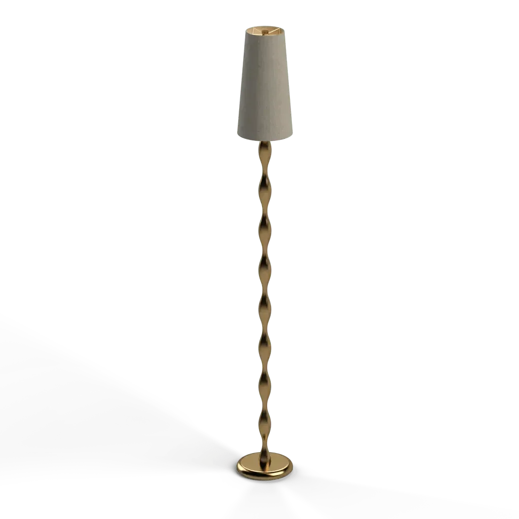 Spindle floor lamp with a conical cream shade and a gold twisted bamboo-like metal stem for stylish lighting