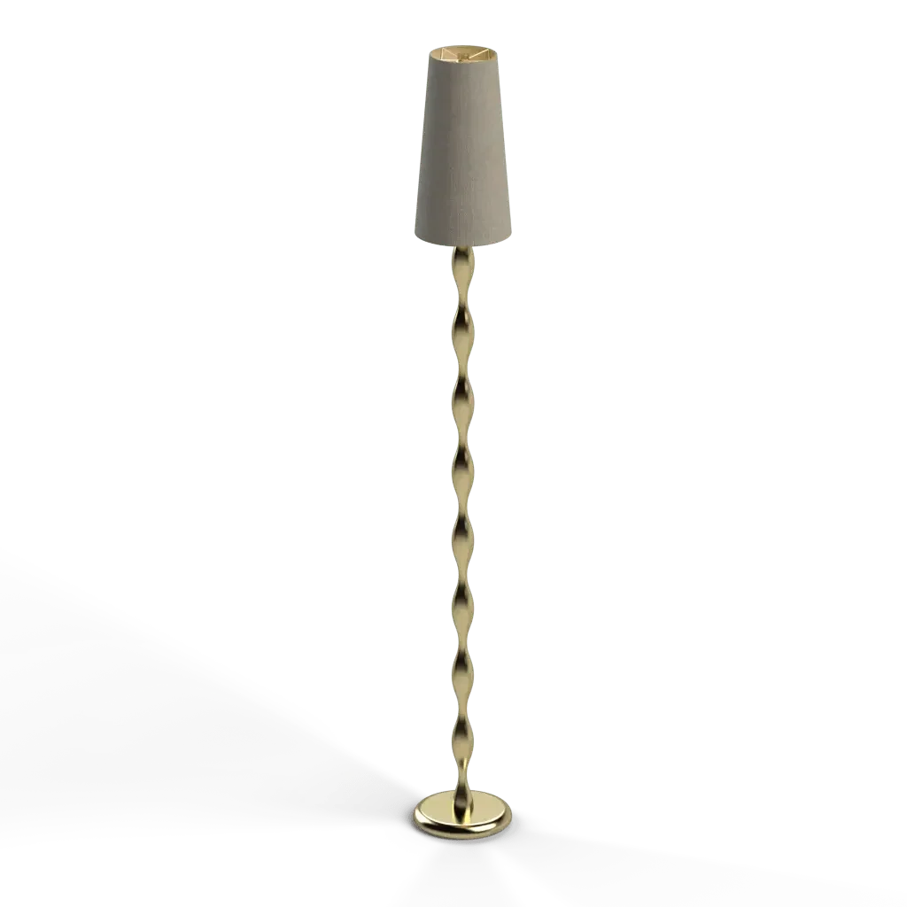 Spindle floor lamp with a tall gold-colored twisted metal stem and a light-colored conical fabric lampshade
