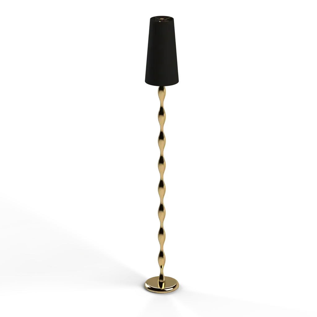 Spindle floor lamp with a black cylindrical shade and a gold twisted column base standing tall and slender