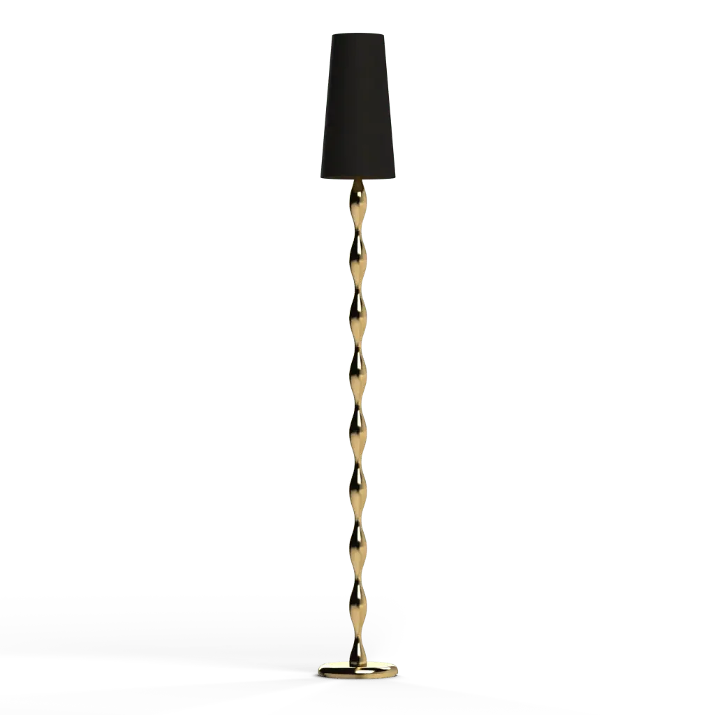 Spindle floor lamp with a twisted gold-colored metal base and a black fabric shade for elegant lighting