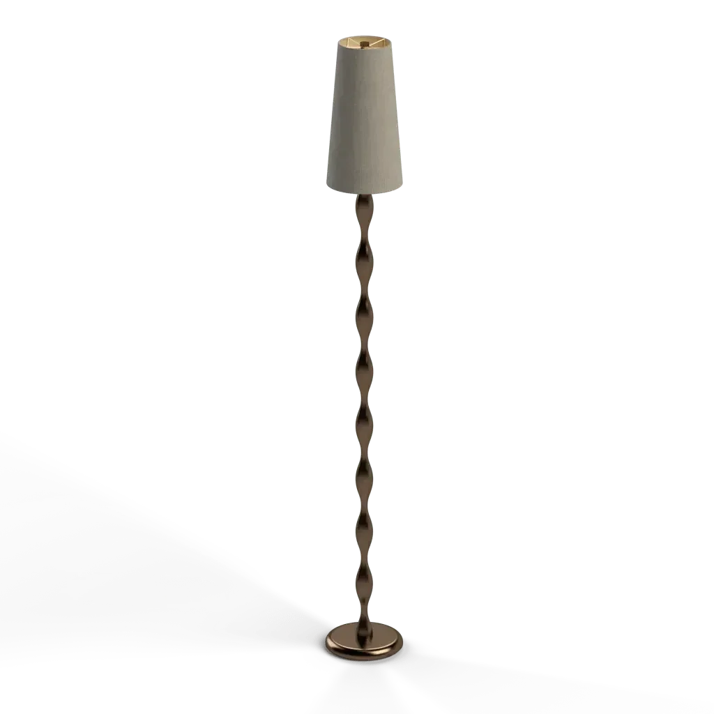 Spindle floor lamp with a beige conical shade, gold circular base, and stacked rectangular gold-colored shaft