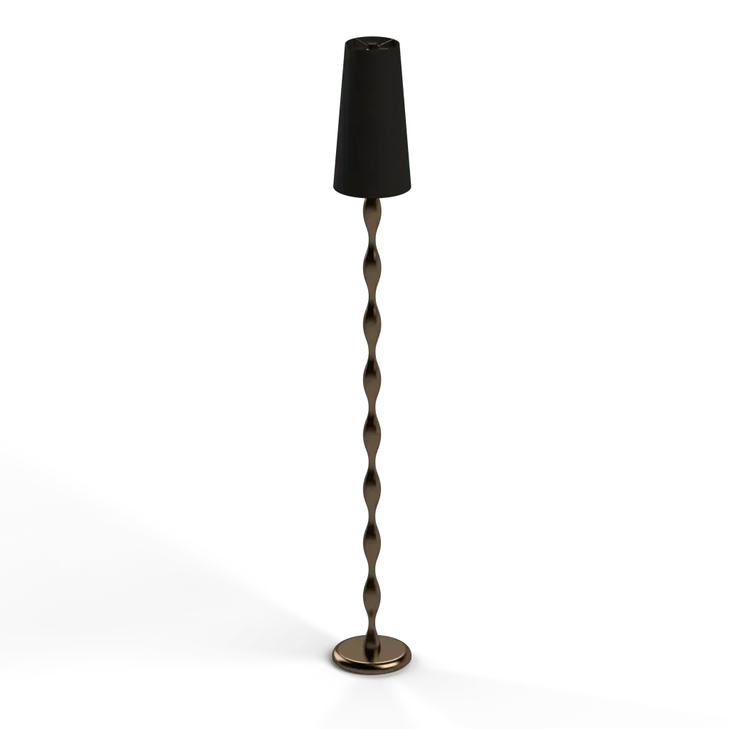 Spindle floor lamp with a tall bronze decorative stem and a dark fabric shade for elegant ambient lighting