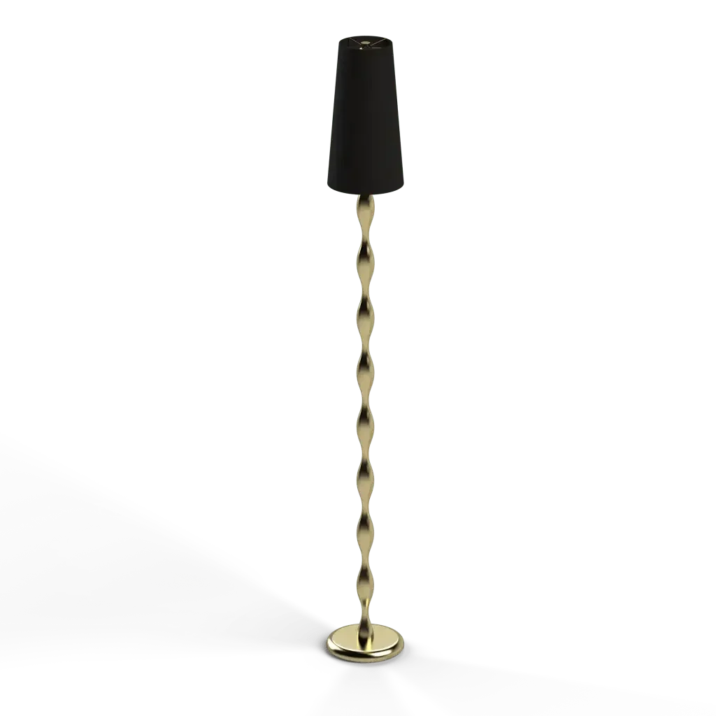 Gold-finished twisted spindle floor lamp with black shade showcasing elegant design for indoor lighting