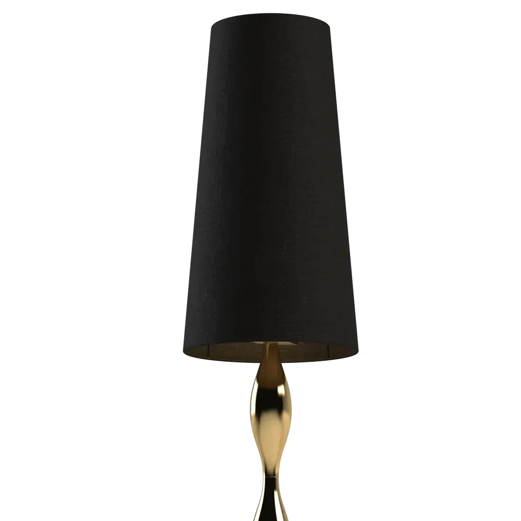 Spindle table lamp featuring a black conical lampshade and a golden bird-shaped base in a modern design