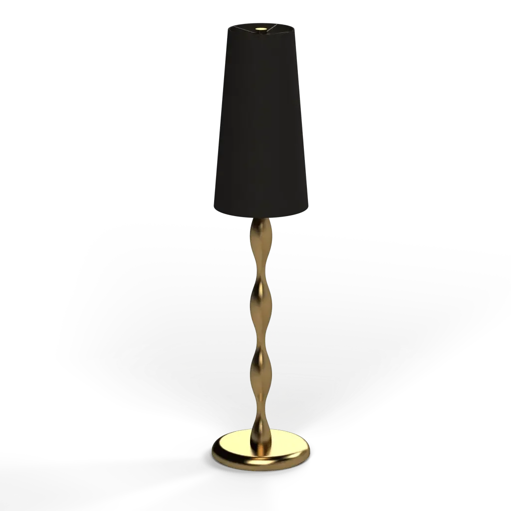 Spindle table lamp with a black fabric lampshade and a twisted gold metal base for elegant lighting