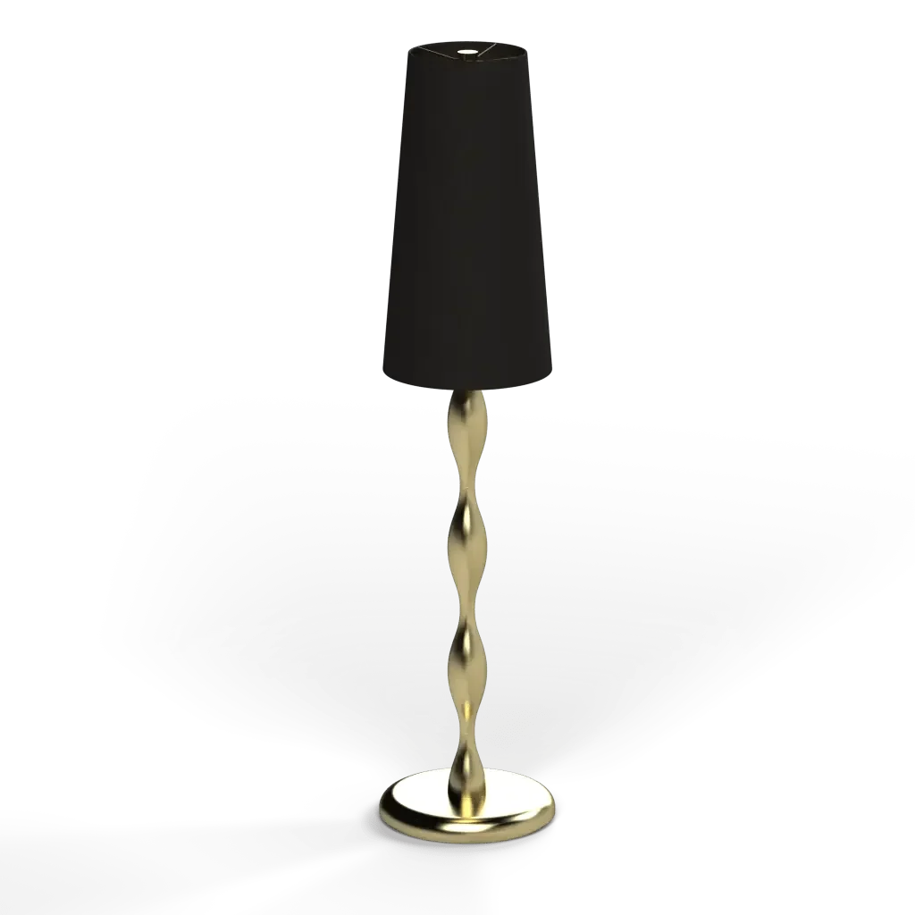 Spindle table lamp with a black lampshade and a gold twisted stem floor lamp design