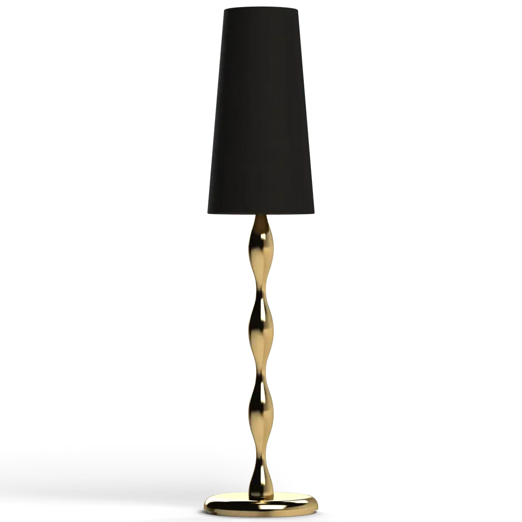 Spindle table lamp with a black shade and twisted gold metal base for elegant indoor lighting